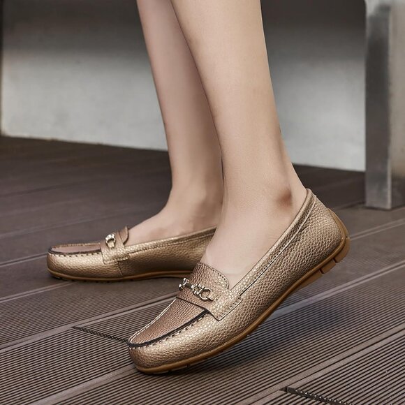 Kordal Women's Rose Gold Leather Gold Accent Buckle Slip-Ons Walking Loafers - Picture 6 of 9